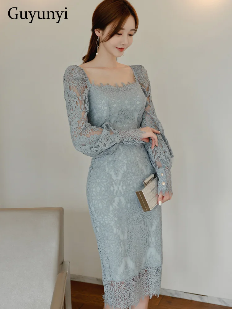 

Elegant Party Dress Spring Korean Style Solid Sexy Lace Square Neck Puff Sleeve High Waist Tight Fit Career Office Lady Dress