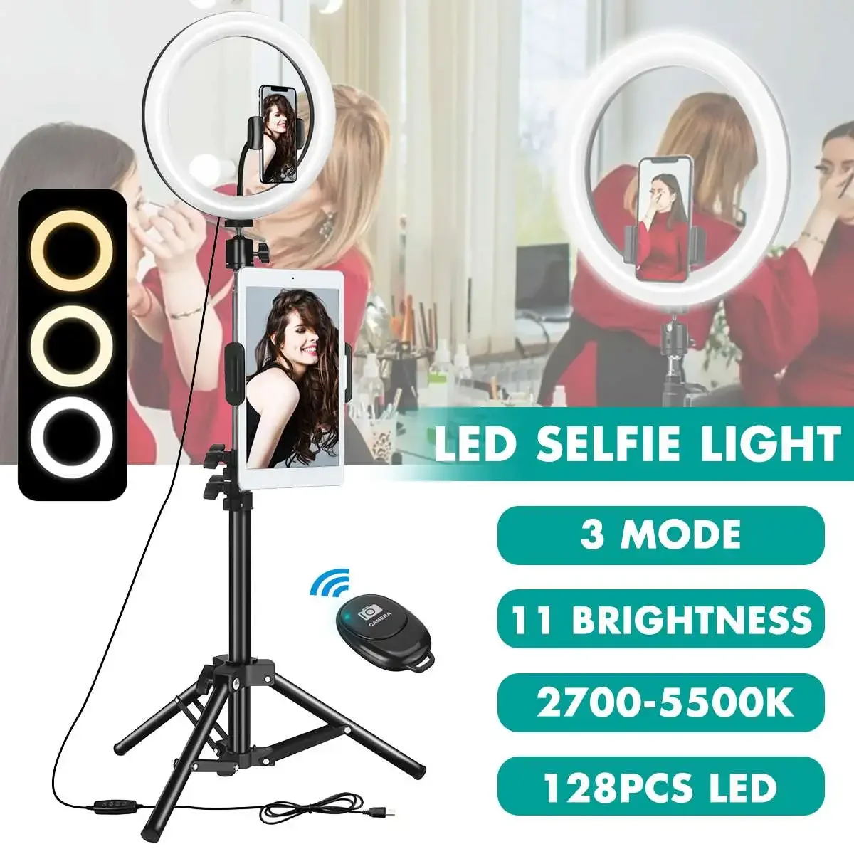 

inch LED Ring Full Light 3 Modes Dimmable Tripod Stand Live Selfie Holder with Remote Control for YouTube Tiktok Vlog Makeup