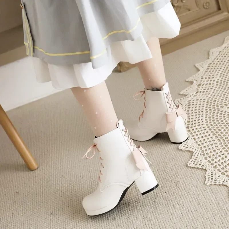 Ladies Lolita Short Boots Autumn Winter Fashion Bow Knot Ankle Boots Female Sweet Lace up Square High Heel Women Spring and Fall