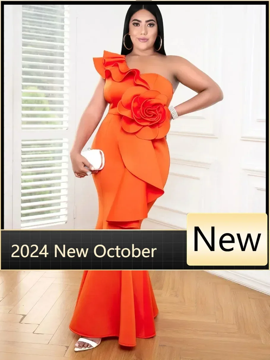 Макси-платья для вечеринок женщин оранжевые на одно плечо с оборками цветочным