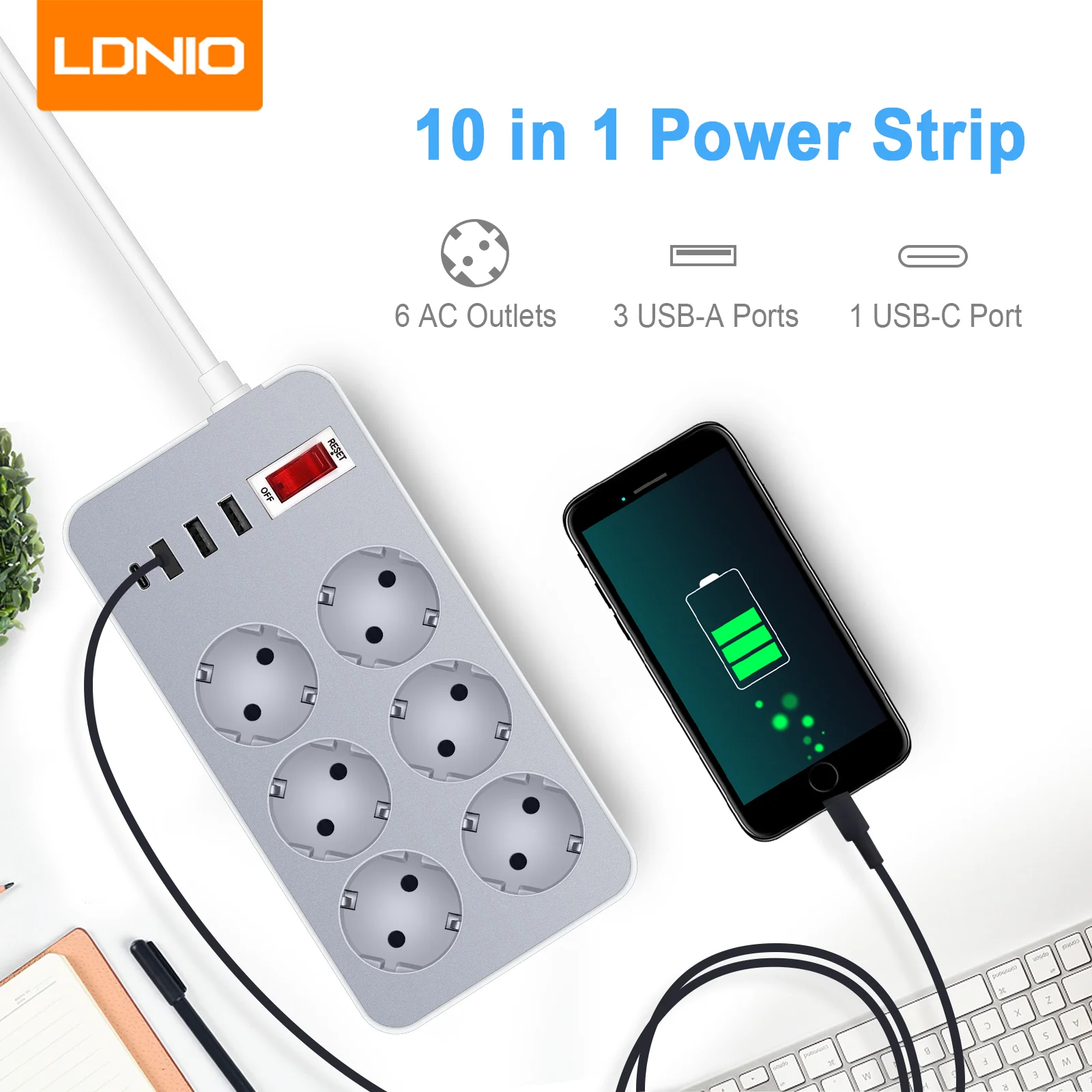 

LDNIO EU Power Strip 6 AC Ports 4 USB Outlets Charger Station 1.2M Extension Cord With Surge Protector Indoor Socket Adapter