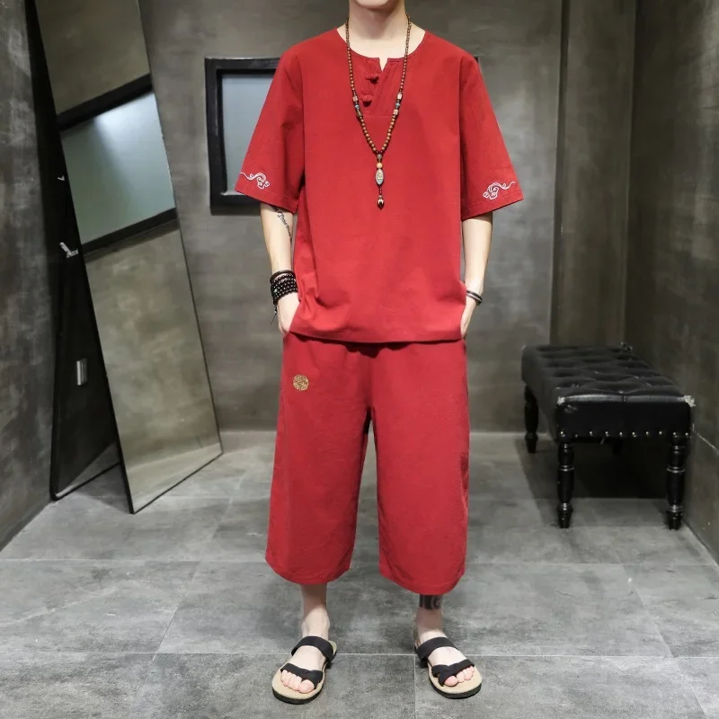 Традиционный китайский стиль летний мужской льняной костюм Тан футболка с