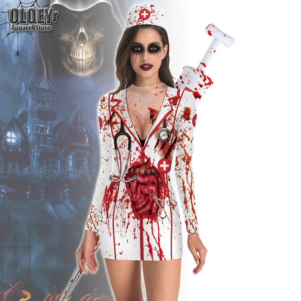 

Women Horrible Bloody Blood Doctors Nurse 3D Printing Dress Adults Halloween Cosplay Costumes Party Role Playing Dress Up Outfit