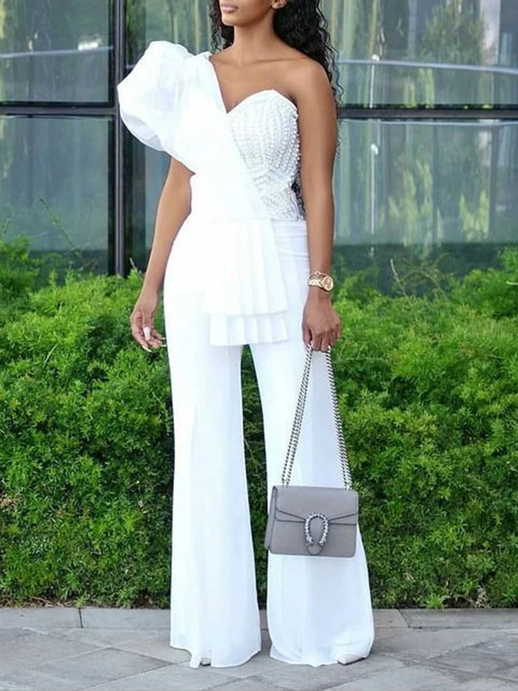 Women Sexy White Jumpsuit One Shoulder Puff Sleeve High Waist Wide Leg Overalls Rompers Classy Evening Party One Piece 4XL