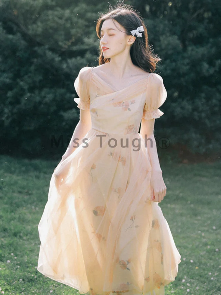 

Летнее шифоновое сказочное винтажное платье, женское повседневное пляжное платье с принтом в стиле бохо, женское повседневное модное платье-миди в Корейском стиле, новинка 2023