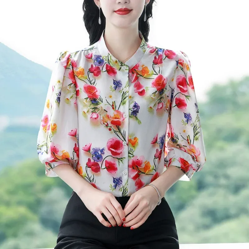 Шифоновая винтажная женская рубашка летняя повседневная блузка с принтом