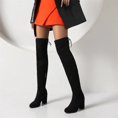 

ENMAYER супер высокий и толстый каблук из флока боковая молния женские сапоги выше колена Зимние теплые плюшевые внутренние длинные Туфли-носки 2023