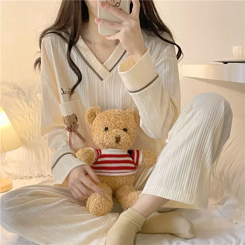 Korean style Women Pajama Sets Spring Autumn Long Sleeve Bear Print Nightwear Loose Elegant Pyjamas Female Leisure 2-piece