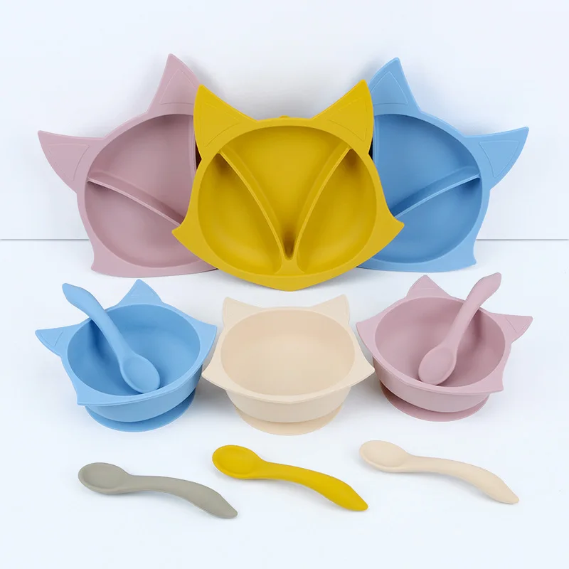 

Силиконовая тарелка на присосках, детская посуда, мультяшная лиса, миска для детского питания, набор ложек для еды, набор посуды для малышей