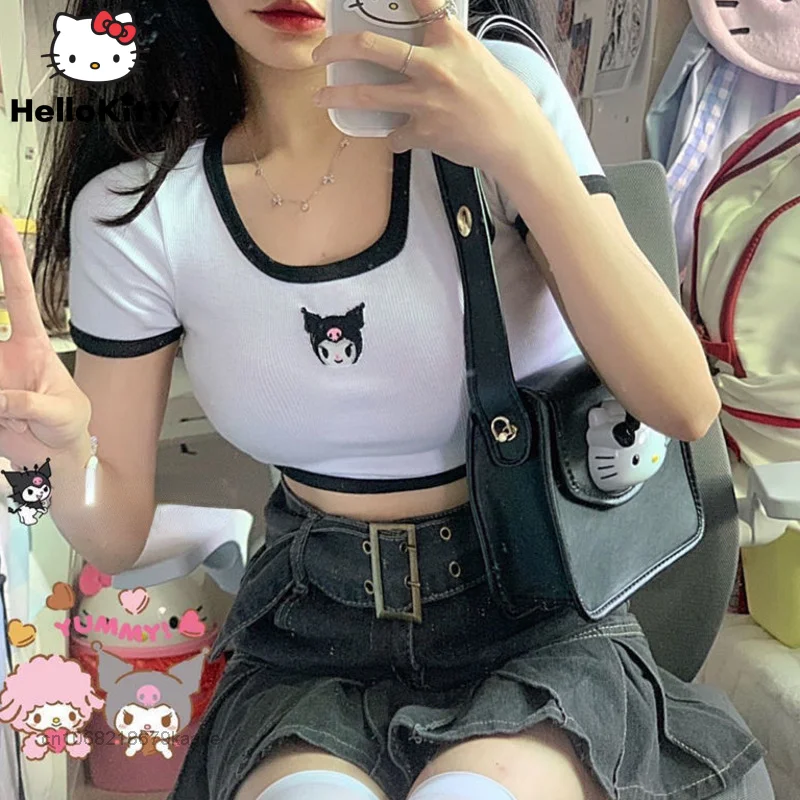 Sanrio Kuromi Clothes Y2k Short Tops Japan Style Kawaii Short Sleeve Tees Women Crop Top Cartoon Summer Slim Casual T-shirts