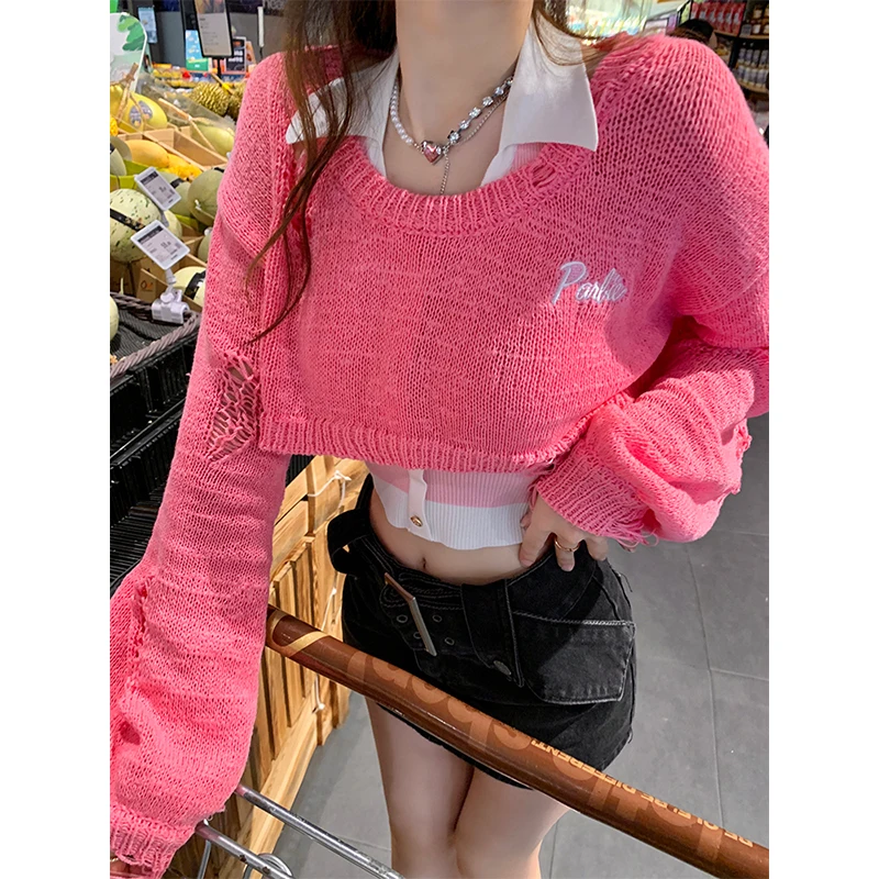 

Свободный вязаный Розовый пуловер с вырезами, свитер, костюм из 2 предметов, женский джемпер с длинным рукавом и круглым вырезом, модные коре...