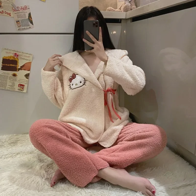 

Kawaii Sanrio New HelloKitty Lace Up Cardigan Pajamas Suit Anime Cartoon Cinnamoroll Winter Comfort Home Wear Girl Birthday Gift