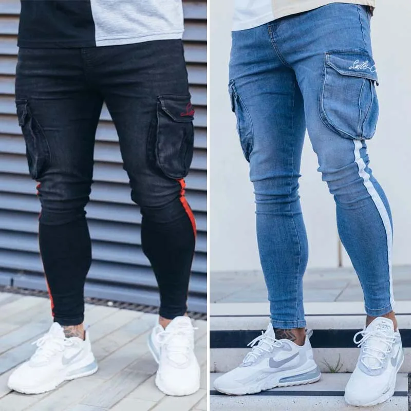 New Fashion Cool and Handsome Men's Jeans Color Block Multi-Pocket Casual Men's Sports Pants Denim Cotton Elastic Pencil Pants