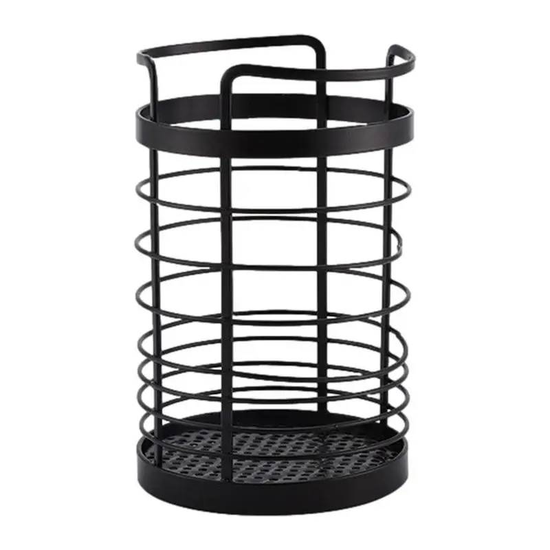 

Kitchen Utensil Holder Black Round Cutlery Drainer Utensils Holder For Countertop Metal Wire Kitchen Tableware Storage Bucket