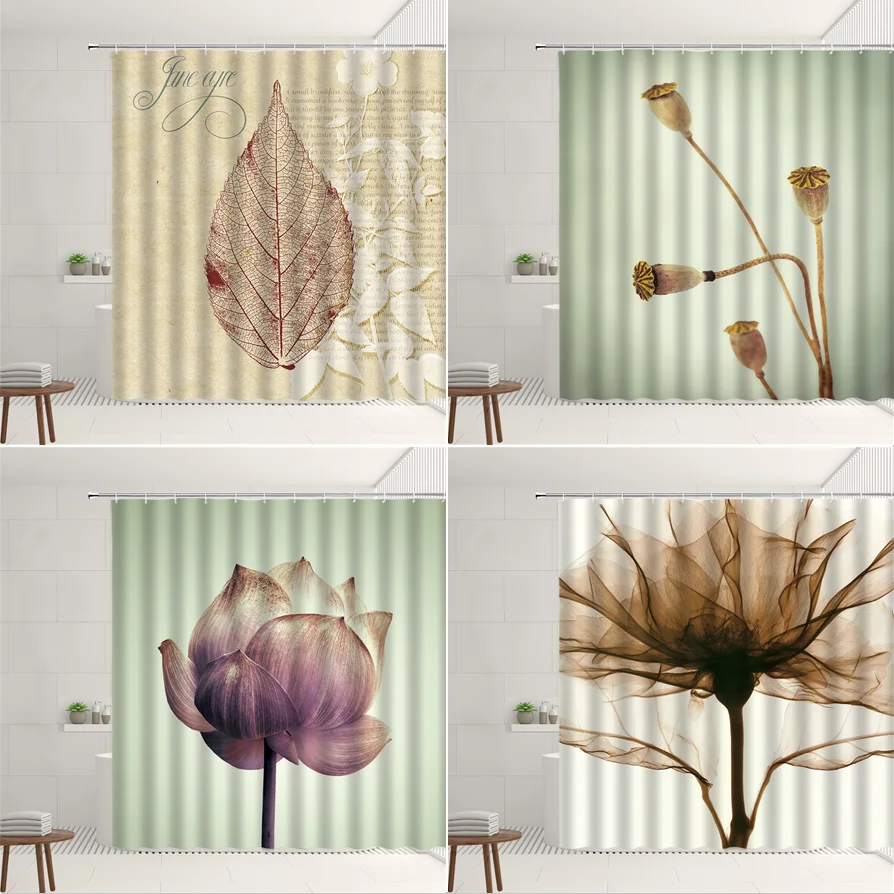 

Floral Shower Curtain Beautiful Lotus Vintage Leaf Pattern Home Decor With Hooks