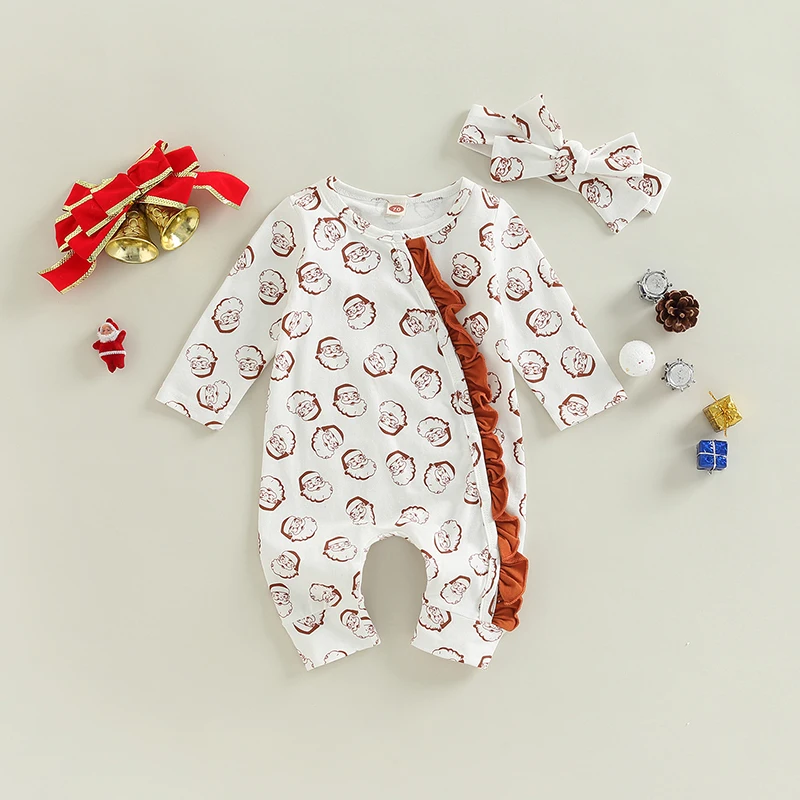 

New Fashion Baby Girl Romper Long Sleeve Round Neck Christmas Santa Print Ruffle Spring Fall Jumpsuit + Headband 0-12 Months