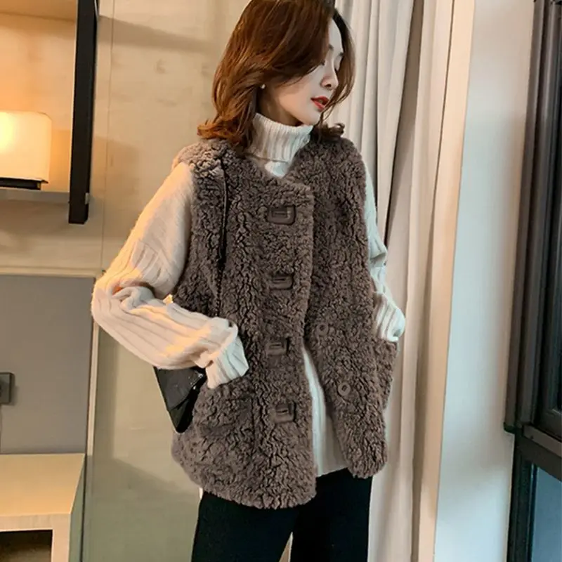

Winter Autumn Faux Fur Jacket Women Plush Warm Thick Coat Button Furry Soft Outwear Sleeveless Top Solic Color O Neck Vest M439
