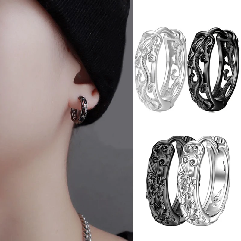 

Серьги-кольца в виде дракона с отверстиями, стильные ювелирные украшения для ушей в стиле хип-хоп, панк, черные висячие украшения для мужчин ...