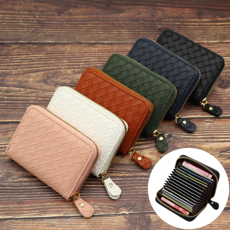 

9/18 Bits ID Cards Holders Bank Credit Bus Cards Weave Cover Anti Coin Pouch Wallets Bag Business Zipper Card Holder