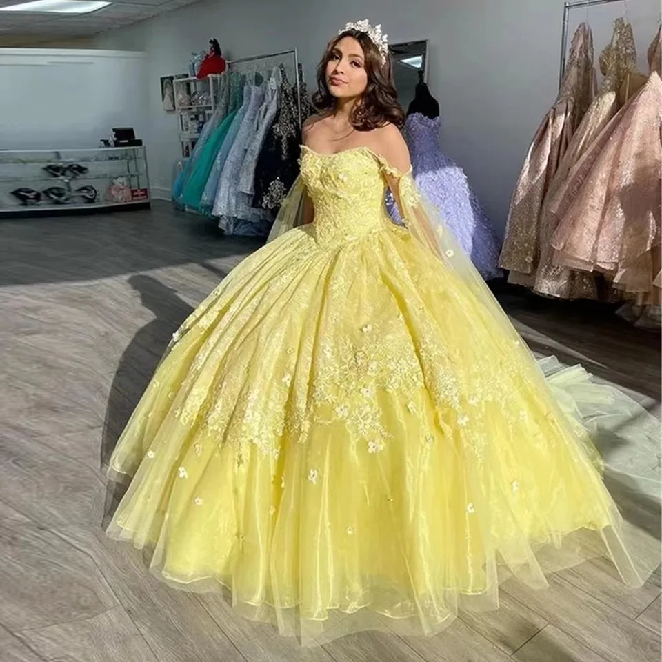 

GUXQD Yellow Ball Gown Strapless Women Evening Dresses With Appliques Quinceanera Prom Party Gowns Vestido De Novia Abendkleider