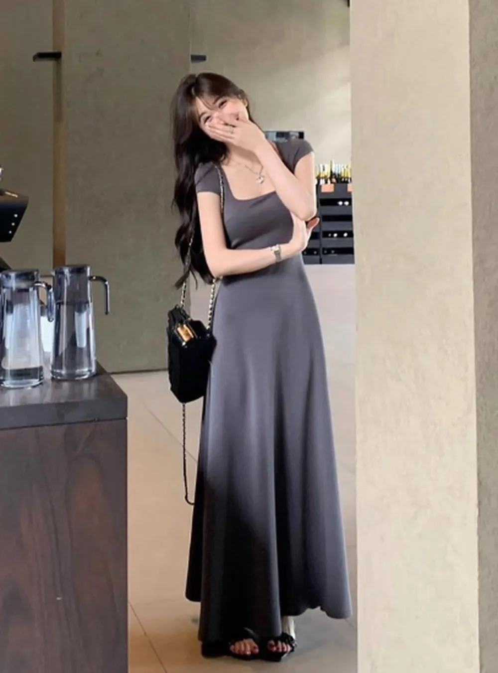 [Brich] Φ длинное платье с квадратным вырезом и бриллиантами (большой размер)