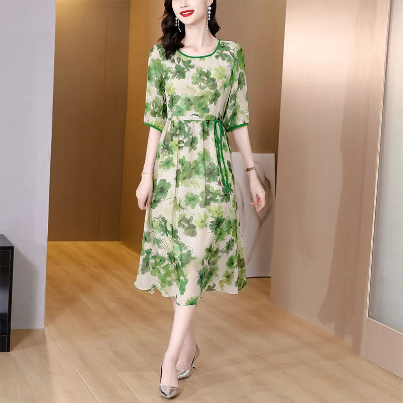 

2022 New Summer Flower Silk Print Dress Women's Elegant Beach Style High End Luxury Casual Holiday Knee Length Dress
