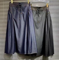 2022 autumn fashion long denim skirts high quality ladies color block stitching cross string a line casual blue black jean skirt