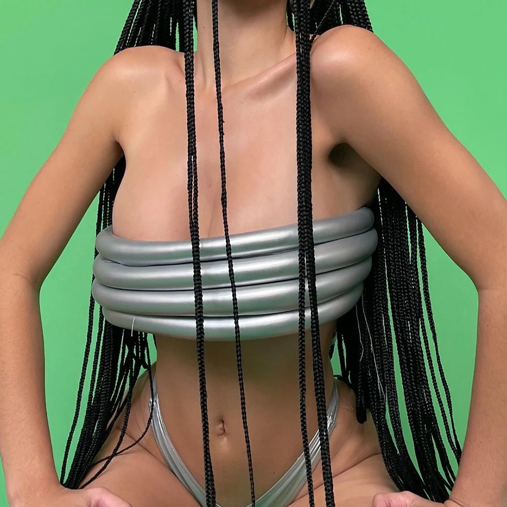 

Women Stage Party Wear For Fashion Girl 2022 Silver Leather Top Tube Club Clothing Wrapped Chest Lace-up Back