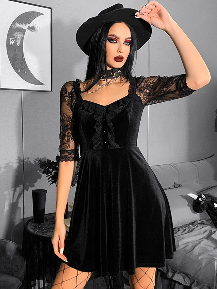 

Женское кружевное платье в стиле ретро, черное прозрачное мини-платье с квадратным вырезом, весна-лето 2022