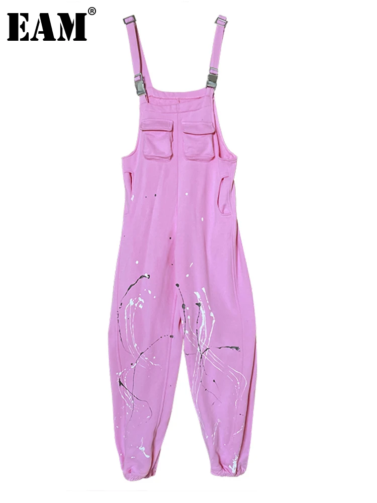 

[EAM] High Waist pink Color Printed Long Overalls Trousers New Loose Fit Pants Women Fashion Tide Spring Autumn 2022 1DE8485