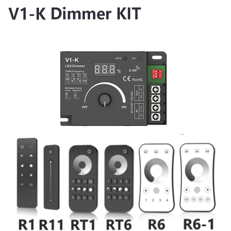 

480 Вт DC12V-24V PWM V1-K беспроводной светодиодный регулятор яркости 2,4 ГГц Радиочастотный пульт дистанционного управления для 5050 одноцветсветильн...