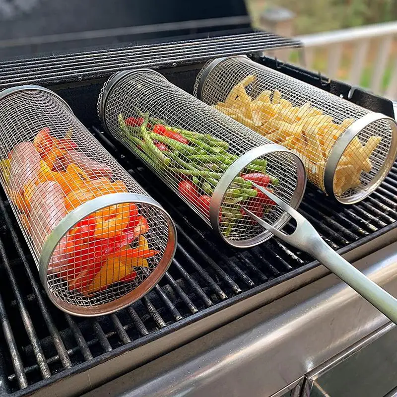 

Grilling Basket Round Tumble Stainless Steel Barbecue Rack BBQ Vegetable Basket For Camping Picnics Year End Party Grilling Tool