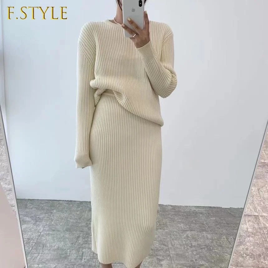 Woman Simple O-neck Long Sleeve Sweater + Skirt Two Piece Set Autumn Winter Thickened Warm Knitted Suit 2021 New Female Clothing