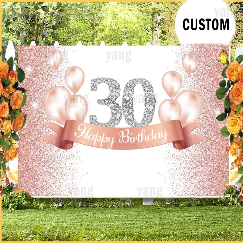 Pink Sweet Happy Birthday Party Backdrop 30th 40 50 18 Rose Gold Lady Balloon Adults Custom Photography Background Photo Studio