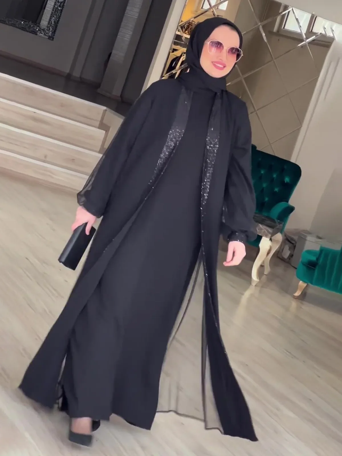 Фото Мусульманское скромное женское платье Jalabiya Vestidos Eid Рамадан арабский длинный халат Дубай мусульманский марокканский кафтан Abayas кардиган платья 2024 №4