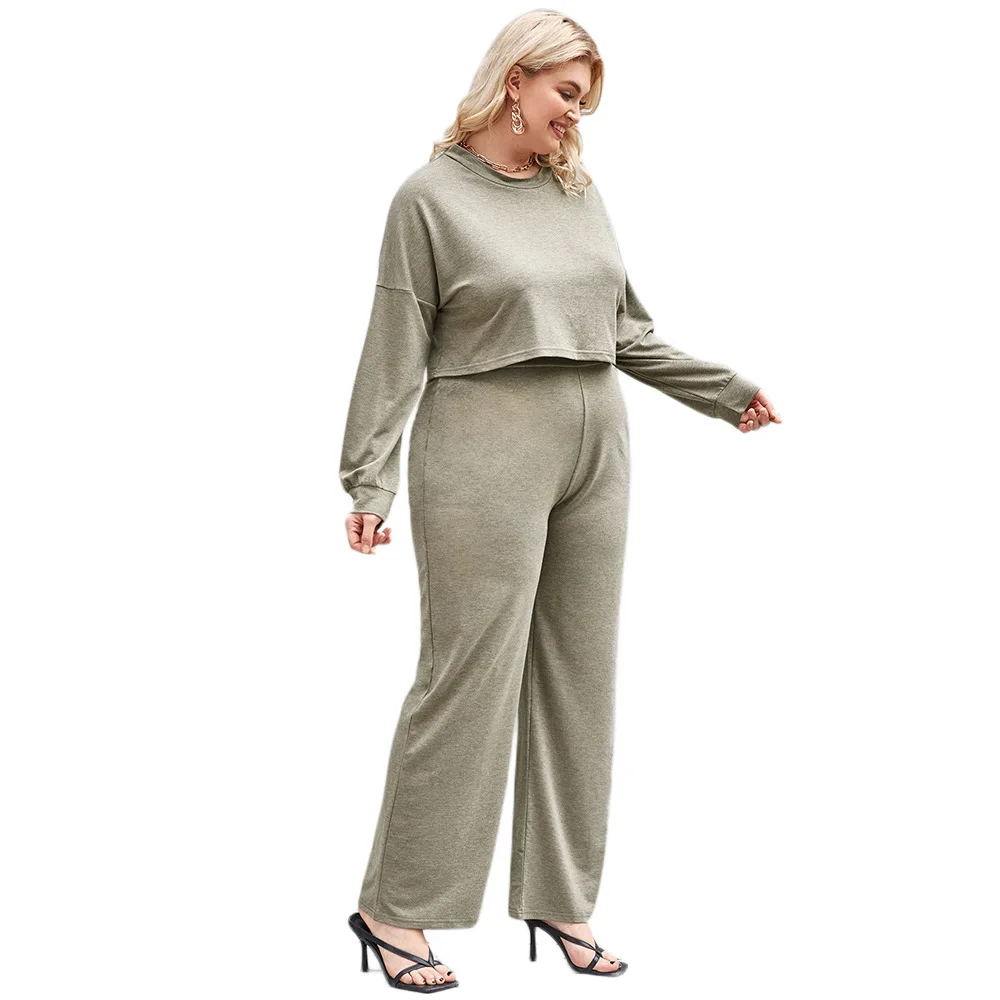 Plus Size Matching Sets Two Piece Sets Womens Outifits Winter Office Lady Solid Long Sleeve O-Neck Elastic Waist Slight Strech