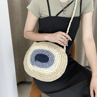 casual cylinder straw weaving shoulder crossbody bag for women beach basket bags fashion stitching color handbags purses 2022