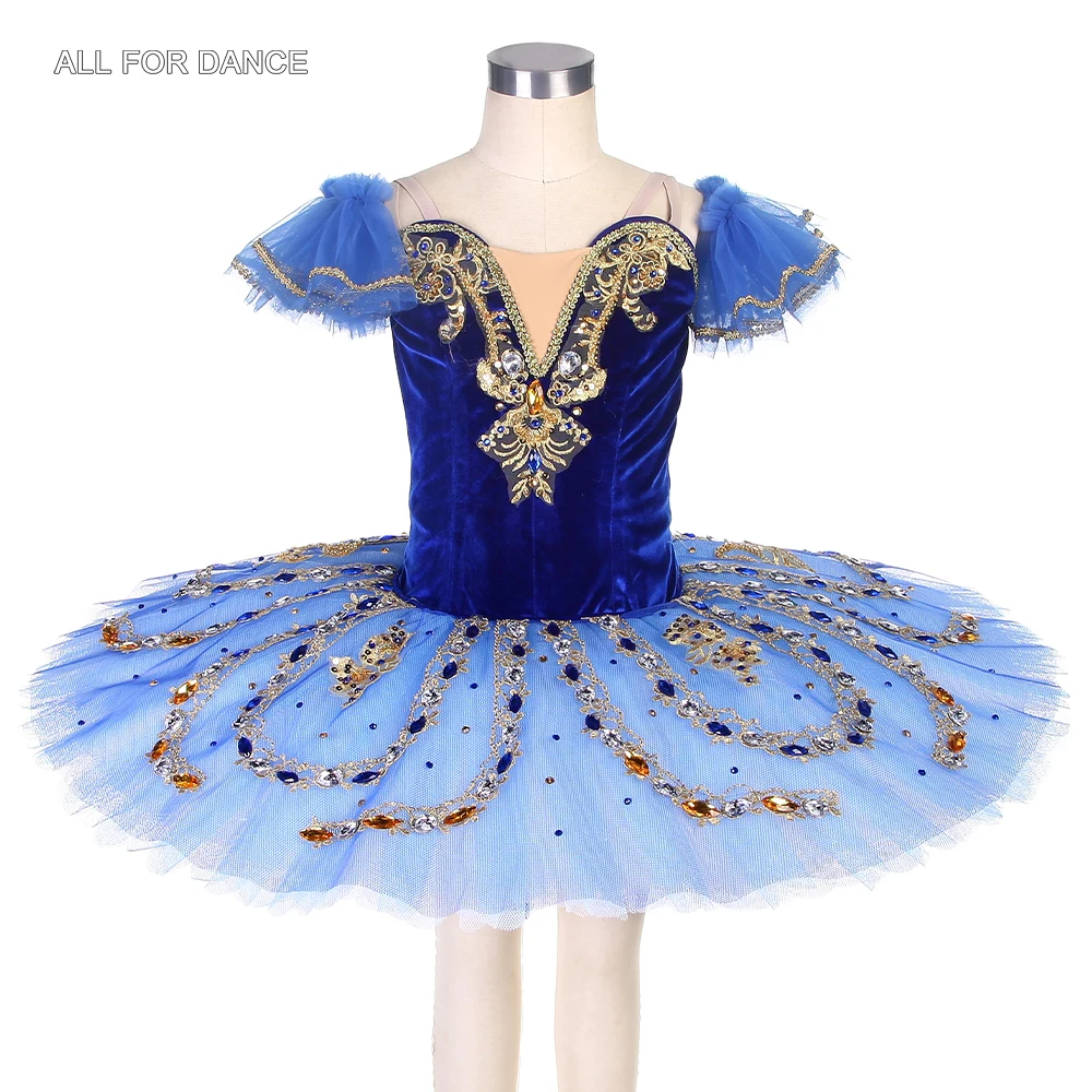 

B22125 Royal Blue Velvet Bodice Classical Ballet Dance Tutu Professional Ballerina Costume Dress Pancake Tutus with Arm Bands