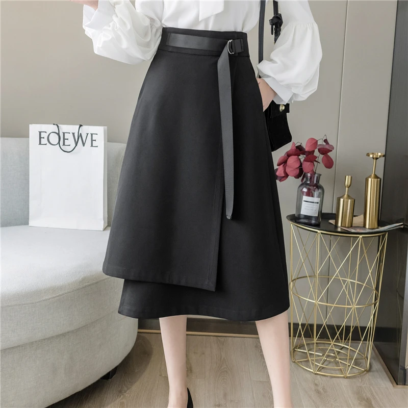 

Women Spring Summer Casual Long Skirts 2021 New Fashion Lace Up Irregular High Waist Midi Skirt Black/Apricot Elegant Lady Skirt