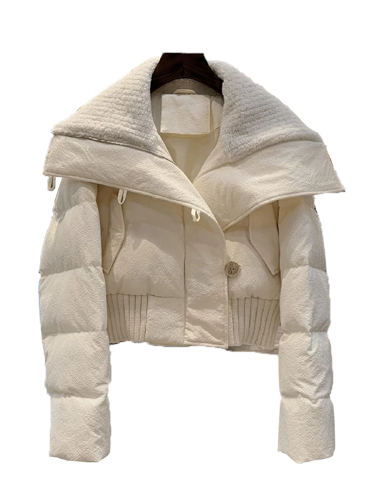 High-End Winter Clothes Women White Down Jacket French Style Temperament Women's Lapel Long Sleeve Short Cotton-Padded Coat