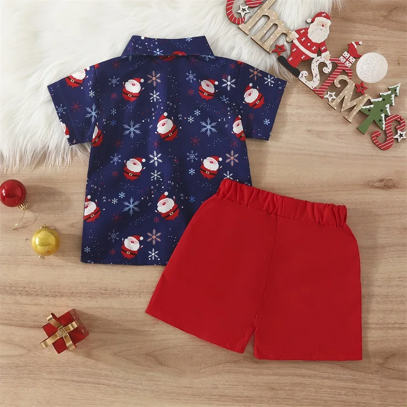 

Рождественская одежда для маленьких мальчиков, рубашка с коротким рукавом и пуговицами с принтом Санты, однотонный комплект с шортами, наряды для джентльменов