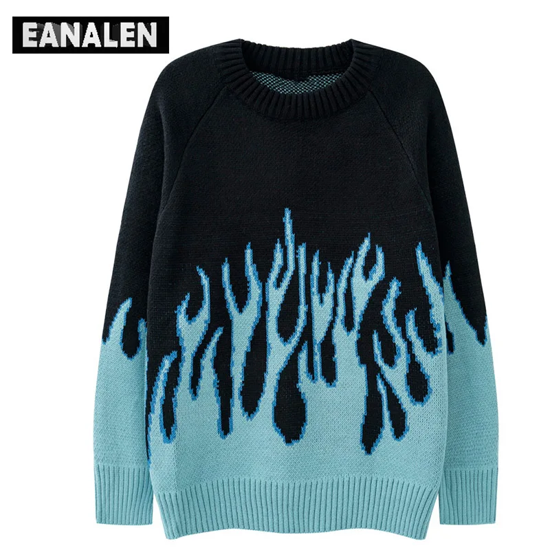 

2022 Winter Harajuku Vintage Flame Knitted Sweater Men's Oversized Jumper Pullover Thick Sweater Grandpa Ugly Sweater Women's