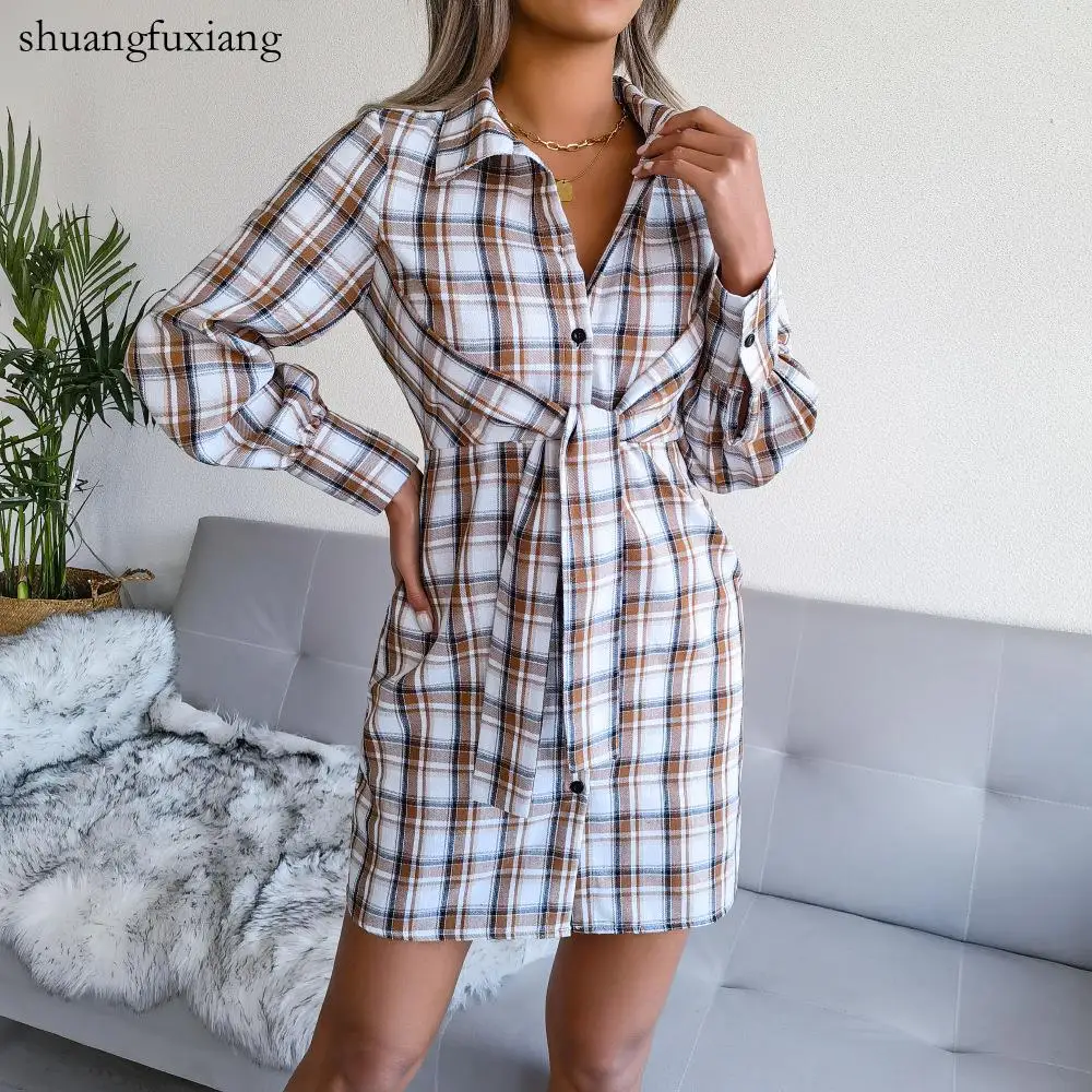 

Женское повседневное клетчатое мини-платье на шнуровке, Новое поступление 2022, весеннее платье на пуговицах с длинным рукавом, синее притале...