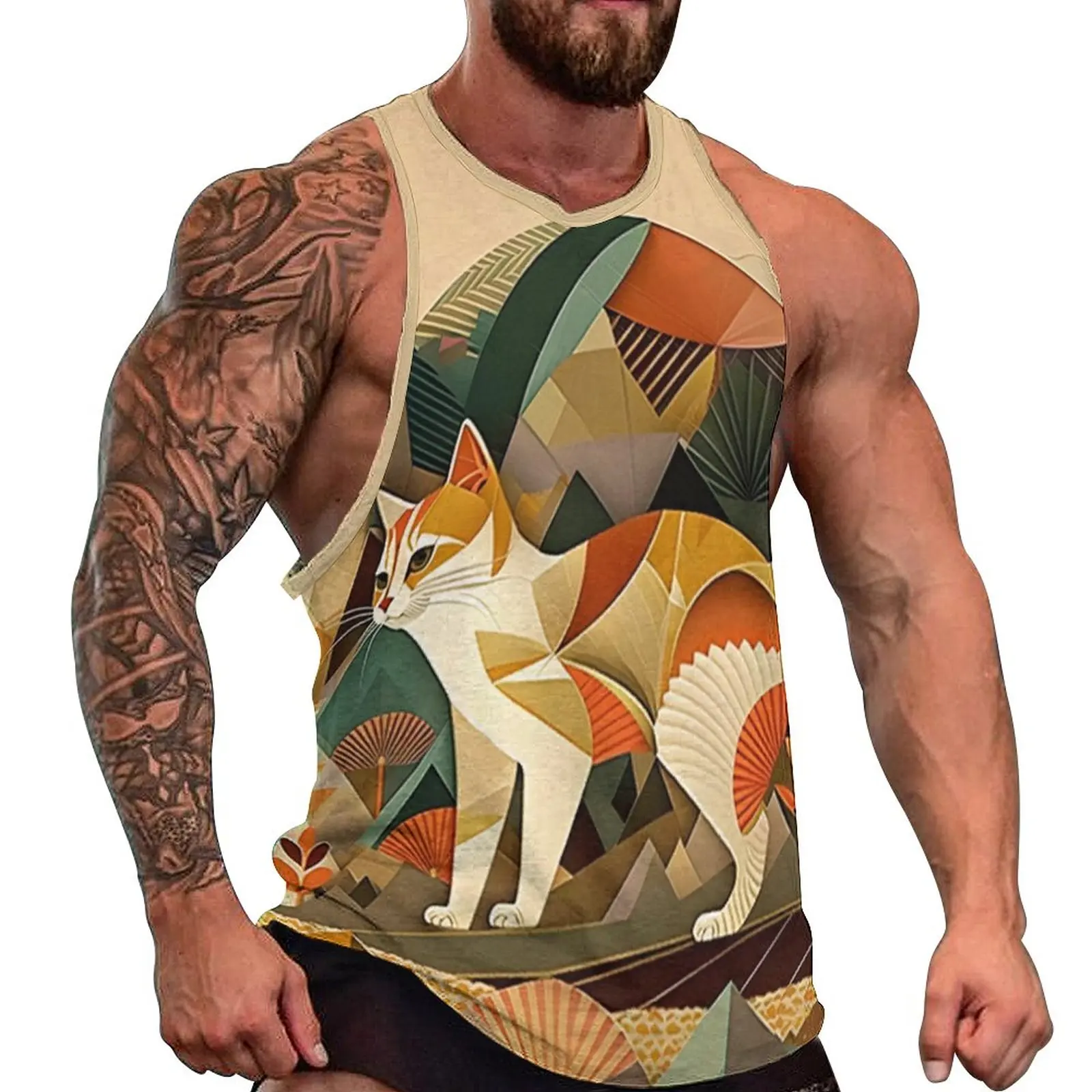 

Cat Beach Tank Top Modern Art Style Gym Tops Mens Graphic Trendy Sleeveless Shirts Big Size
