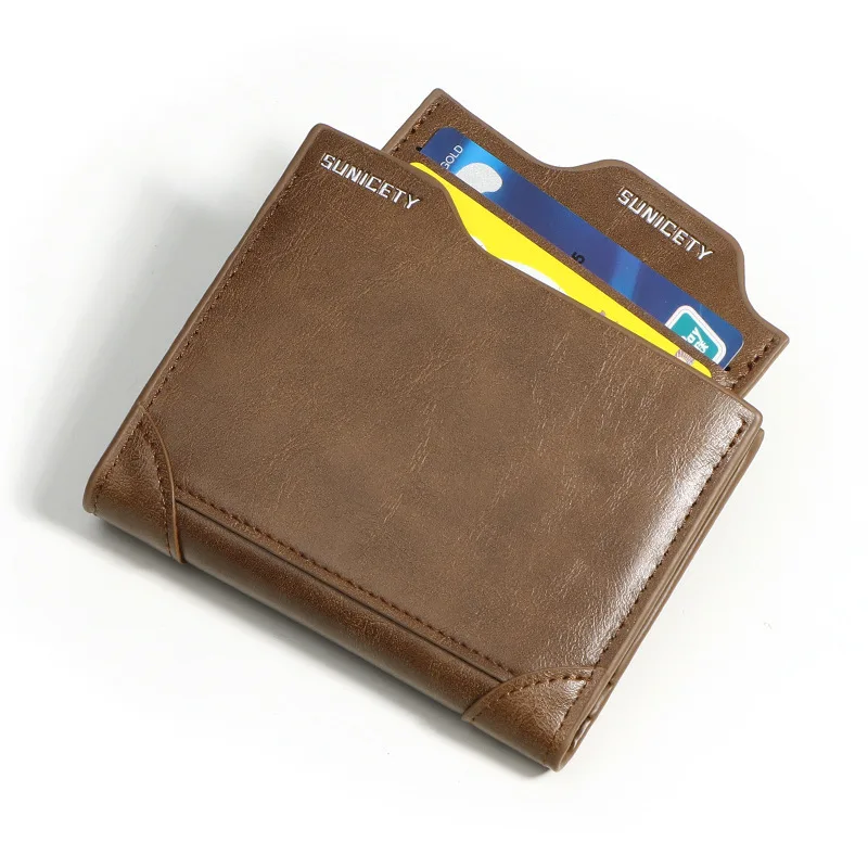 

2023 New Anti Theft Brush Card Insert Men's Short Leather Wallet PU Multi Card Zipper Leather Clip