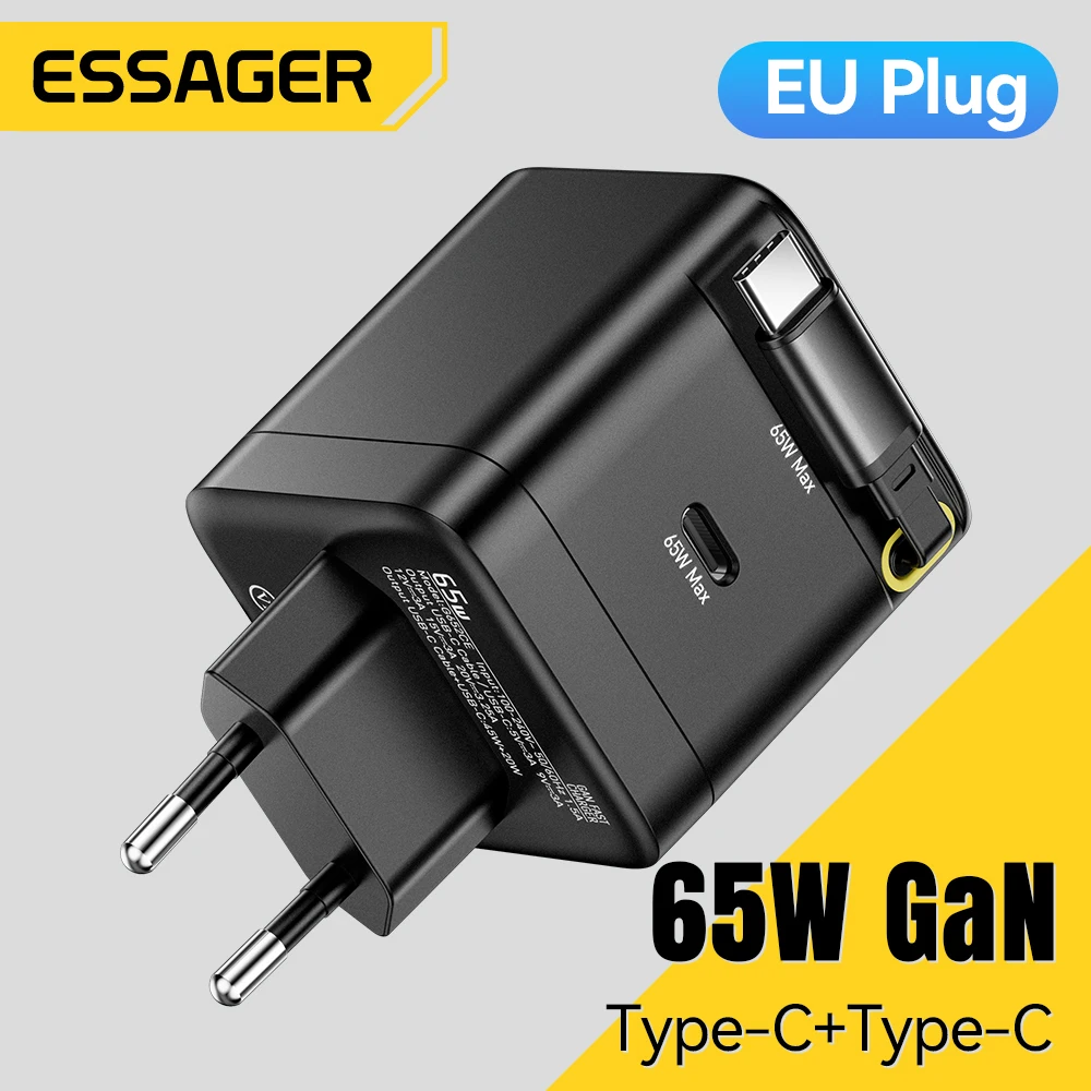 Зарядное устройство Essager 65 Вт GaN с выдвижным гибким кабелем PD быстрая зарядка для