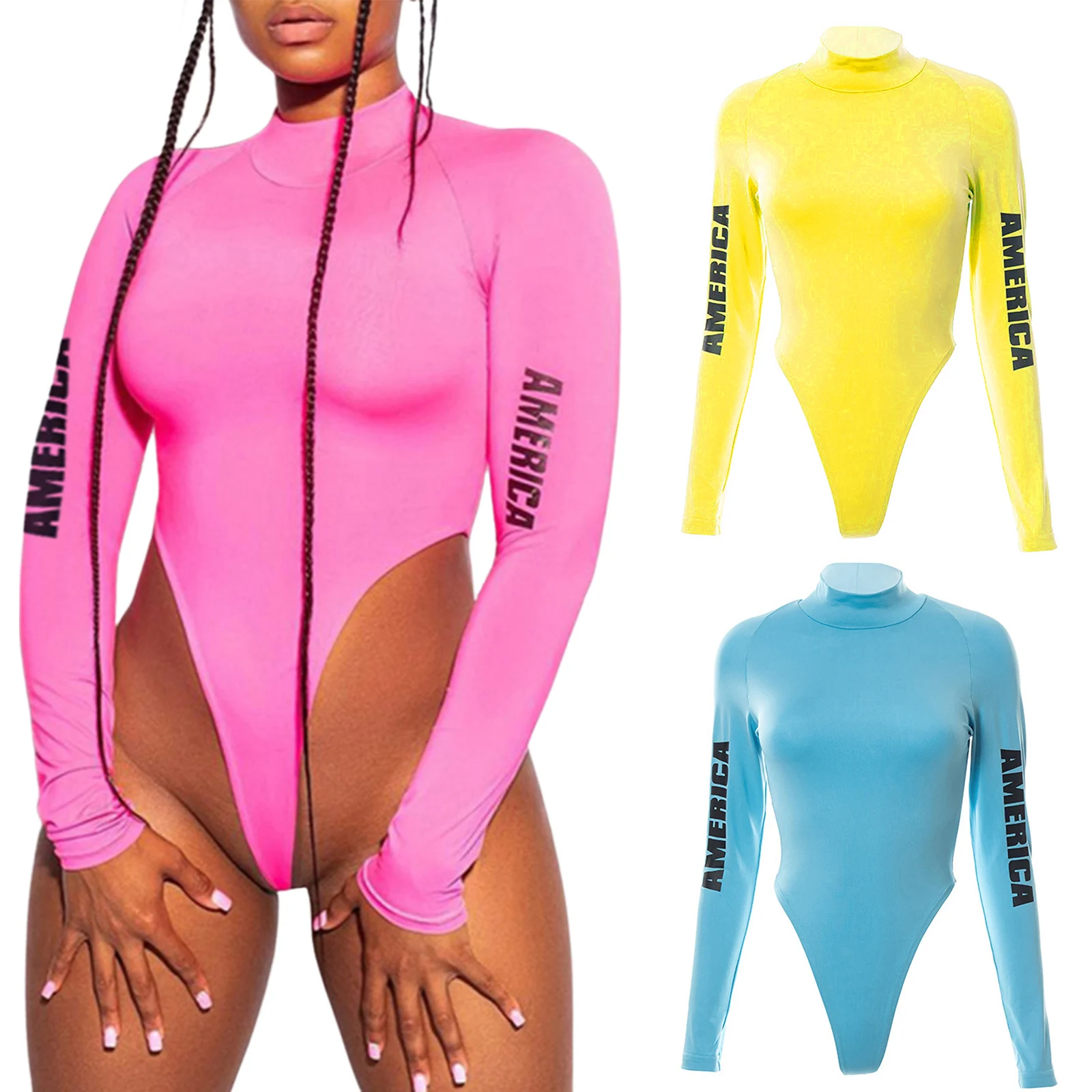 

Women Bodysuit, Turtle Neck Sexy Backless Lettering Long Sleeve Tight Fitting Jumpsuit One Pie ce