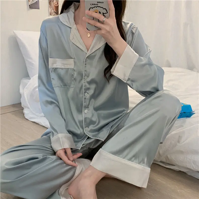 

Womens Silk Satin Pajamas Pyjamas Set Sleepwear Women's Home Clothes Pajamas Suit Female Fashion Sleep Two Piece Set Pijama C222