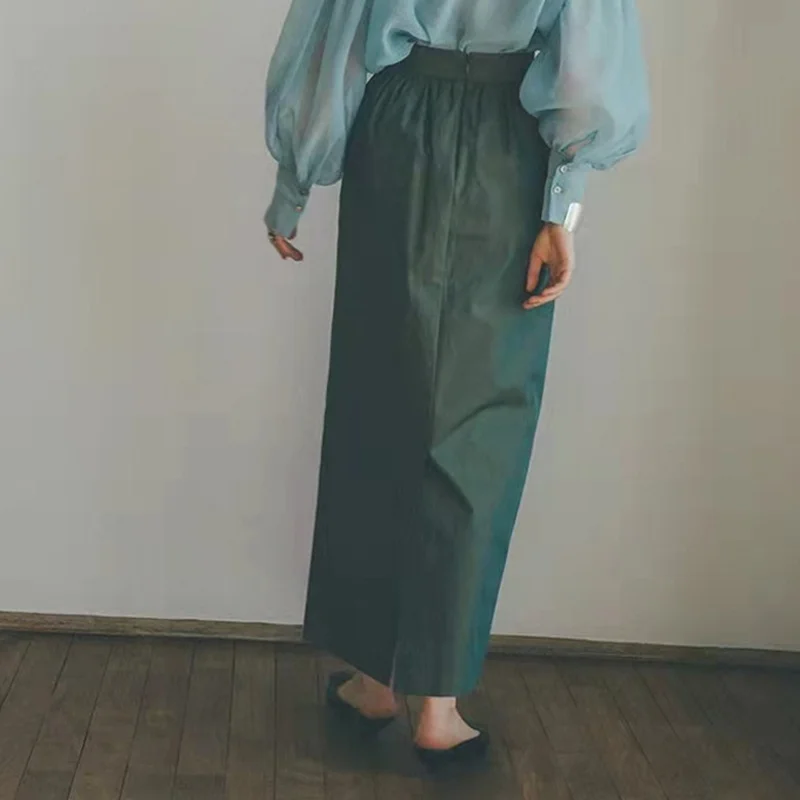 

A GIRLS OL Style High Waist Hip Package Skirt Puffy Mid Length Dark Green Mujer Faldas New All Match Design Sense Femme Jupes