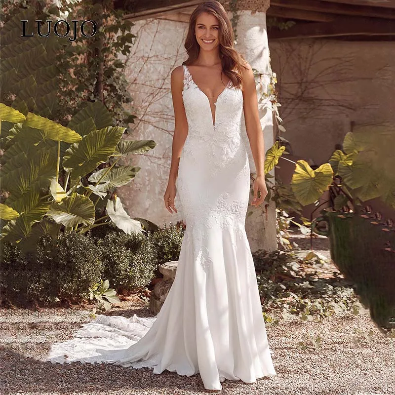 

LUOJO Charming Mermaid V-neck Sleeveless Button Wedding Dress Lace Appliques Bridal Gown For Women 2022 Vestidos De Novia Custom